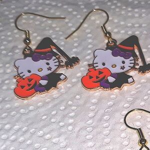 NEW Hello Kitty Witch Pumpkin Dangle Earrings Gold Enamel Stainless Jewelry NWT